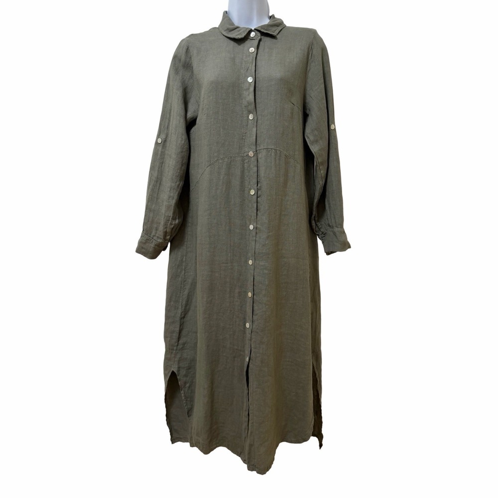 Made In Italy 100% Linen‎ Maxi Button Up Shirt Dress Size M/L Green Beach Vacay